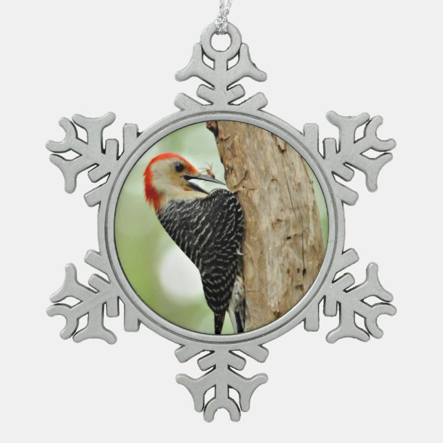 Red-Bellied Woodpecker Snowflake Pewter Christmas Ornament (Front)