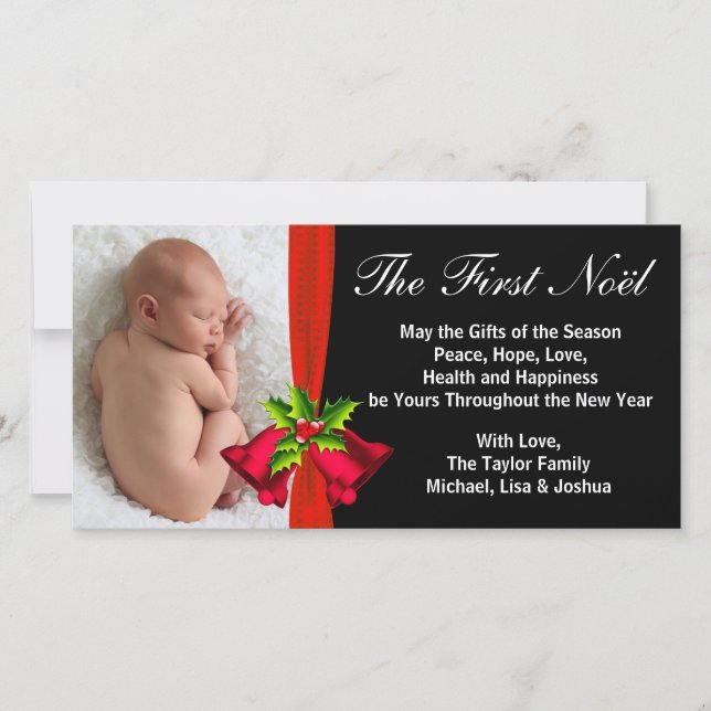 Red Bells Baby's First Christmas Photo Card (Front)