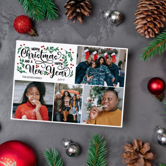 Red Berries 4 Photo Merry Christmas Happy New Year Holiday Card (Creator Uploaded)