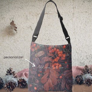 Red berries and brown autumn leaves crossbody bag