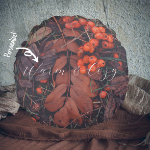 Red berries and brown autumn leaves round cushion
