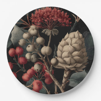 Red Berries and Exotic Seed Pods on Black Paper Plate