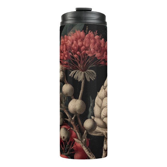 Red Berries and Exotic Seed Pods on Black Thermal Tumbler (Front)