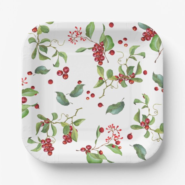 Red Berries and Foliage Christmas Paper Plates (Front)