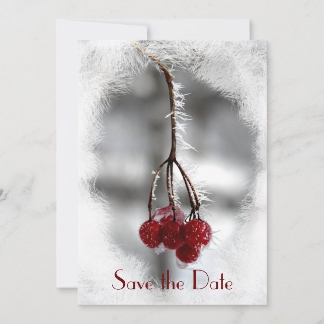 Red Berries and Frost Winter Wedding Save the Date Invitation (Front)
