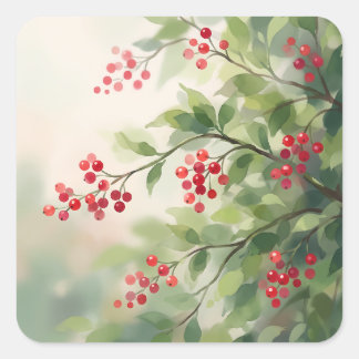 Red Berries and Green Leaves Branch Square Sticker