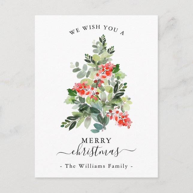 Red Berries and Holly Xmas Tree Merry Christmas Holiday Postcard (Front)