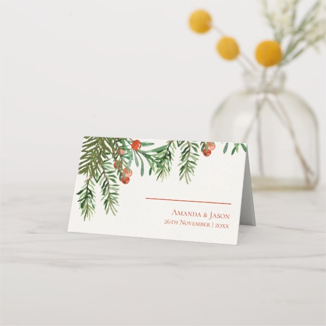Red Berries And Leaves Festive Christmas Wedding Place Card (Front)