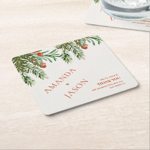  Red Berries And Leaves Festive Christmas wedding Square Paper Coaster