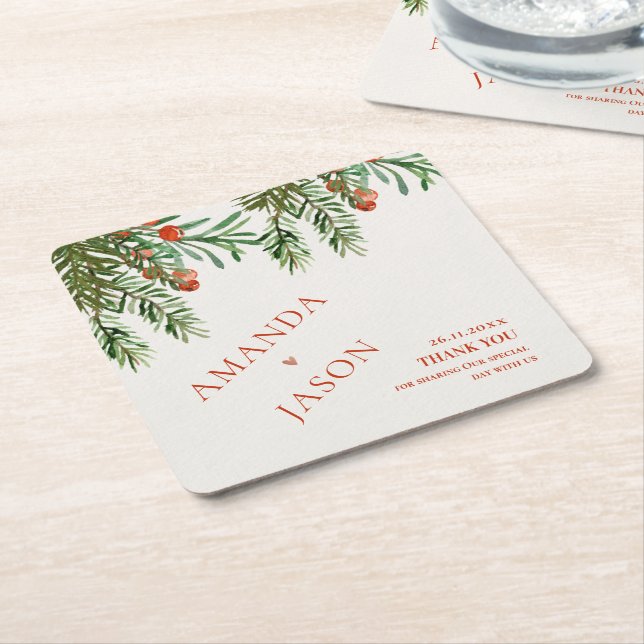  Red Berries And Leaves Festive Christmas wedding Square Paper Coaster (Angled)