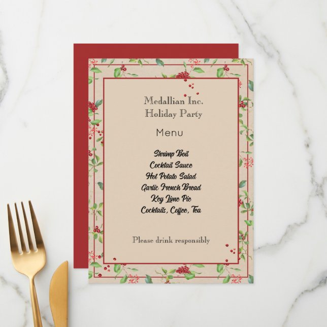 Red Berries and Winter Foliage on Kraft Menu Cards (Front/Back In Situ)