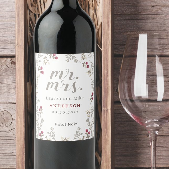 Red Berries Botanical Mr. Mrs. Wedding Engagement Wine Label (Creator Uploaded)