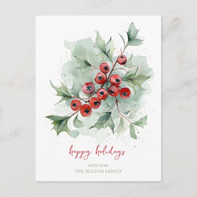 Red Berries Botanical Watercolor Christmas Holiday Postcard (Front)