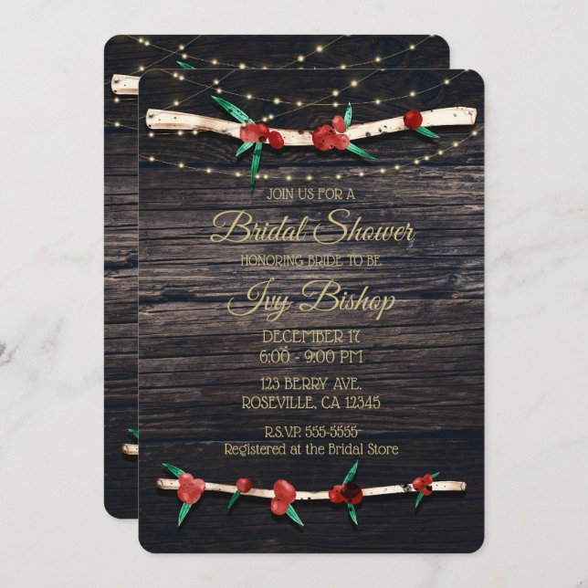 Red Berries Branches & Lights Rustic Bridal Shower Invitation (Front/Back)
