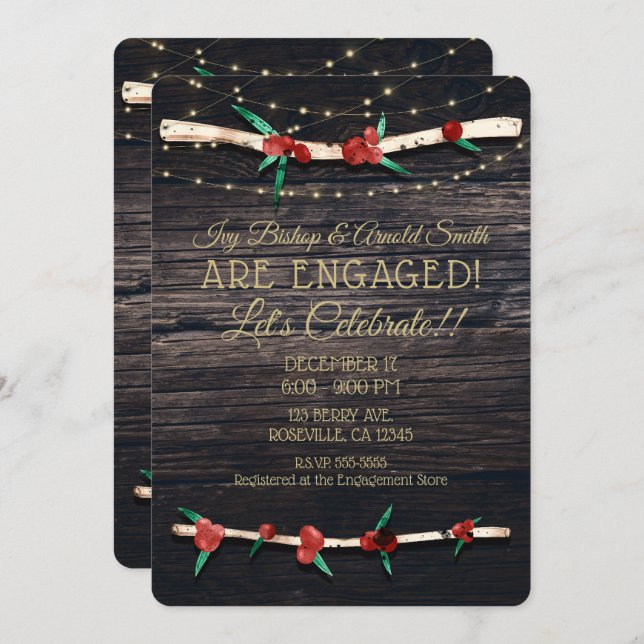 Red Berries Branches & Lights Rustic Engagement Invitation (Front/Back)