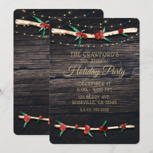 Red Berries Branches & Lights Rustic Holiday Party Invitation