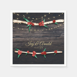 Red Berries Branches & Lights Rustic Holiday Party Napkin