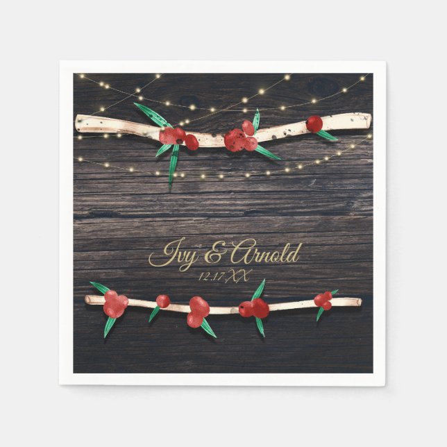 Red Berries Branches & Lights Rustic Holiday Party Napkin (Front)
