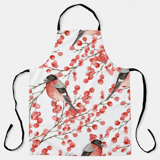 Red Berries Bullfinches Watercolor Pattern Apron (Front)