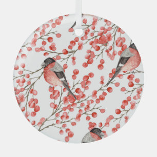 Red Berries Bullfinches Watercolor Pattern Glass Tree Decoration