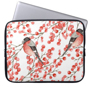 Red Berries Bullfinches Watercolor Pattern Laptop Sleeve