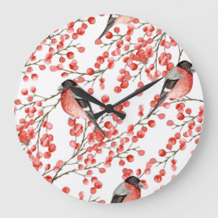Red Berries Bullfinches Watercolor Pattern Large Clock
