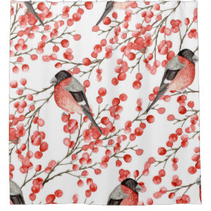 Red Berries Bullfinches Watercolor Pattern Shower Curtain