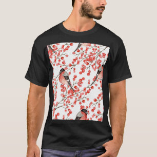 Red Berries Bullfinches Watercolor Pattern T-Shirt