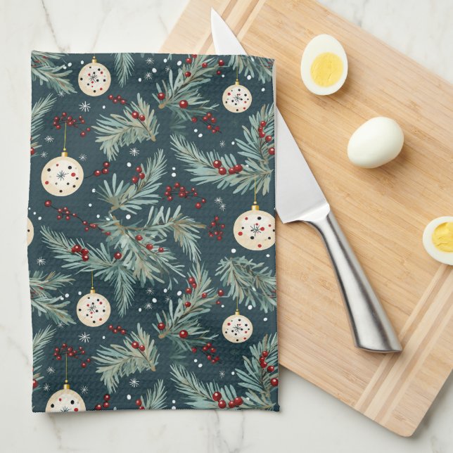Red Berries Christmas Ornaments Kitchen Towel (Quarter Fold)