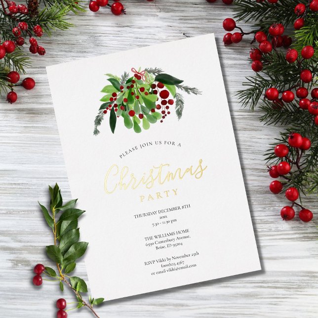 Red Berries Christmas Party Gold Foil Holiday Card (Creator Uploaded)