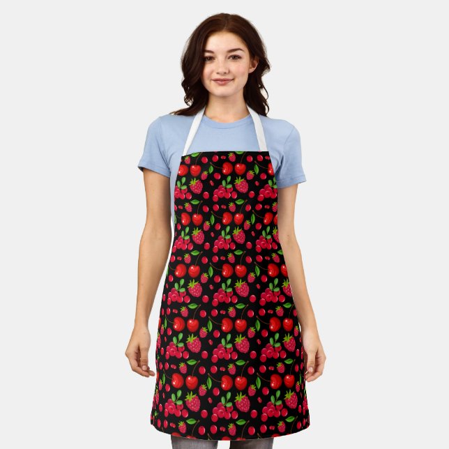 Red Berries Delight in Vibrant Pattern on Ebony Apron (Worn)