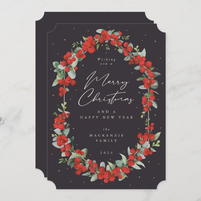 Red Berries + Eucalyptus Botanical Frame Christmas Holiday Card (Front/Back)