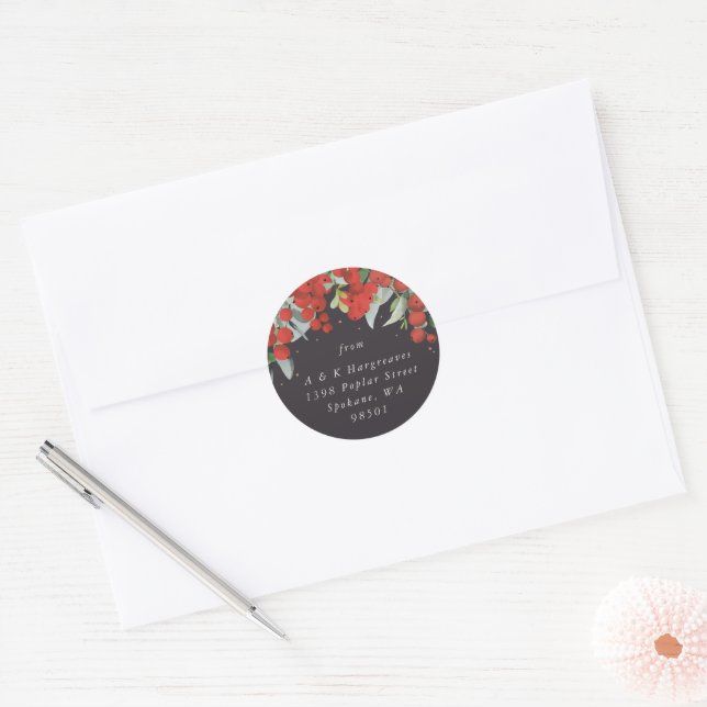 Red Berries + Eucalyptus Christmas Address Classic Round Sticker (Envelope)