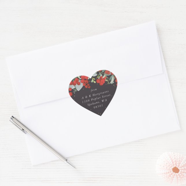 Red Berries + Eucalyptus Christmas Address Heart Sticker (Envelope)