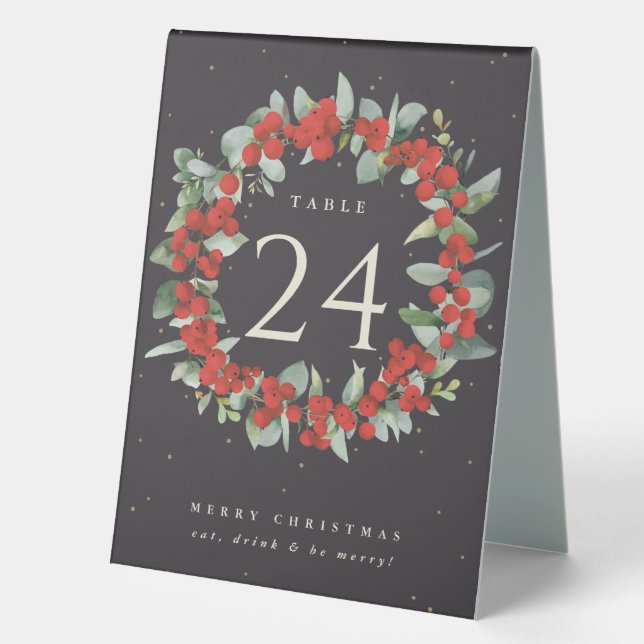 Red Berries+Eucalyptus Christmas Table Number (Front)