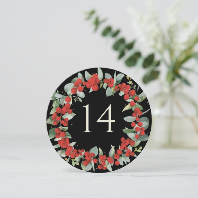 Red Berries+Eucalyptus Christmas Table Number (Standing Front)