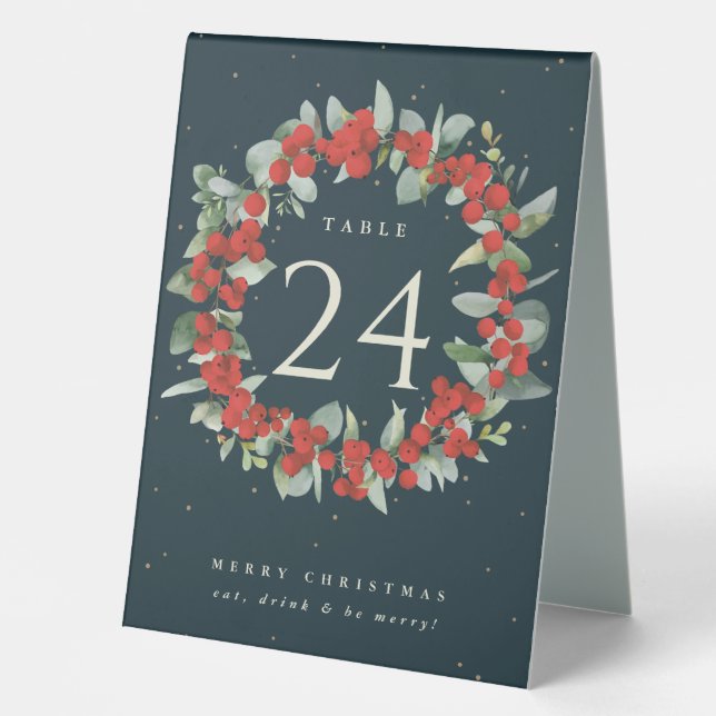 Red Berries+Eucalyptus Christmas Table Number (Front)