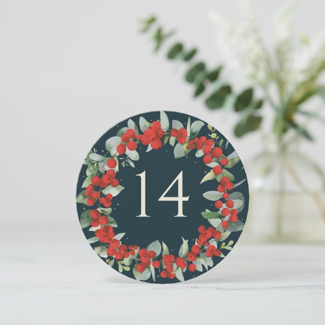 Red Berries+Eucalyptus Christmas Table Number (Standing Front)
