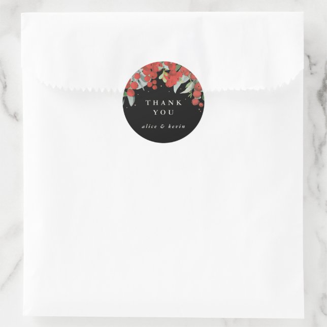Red Berries + Eucalyptus Christmas Thank You Classic Round Sticker (Bag)