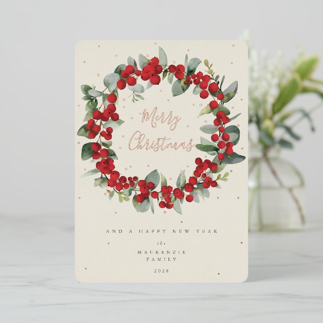 Red Berries+Eucalyptus Christmas Wreath Non-Photo Foil Holiday Card (Standing Front)