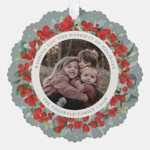 Red Berries + Eucalyptus Holiday Wreath Photo Tree Decoration Card