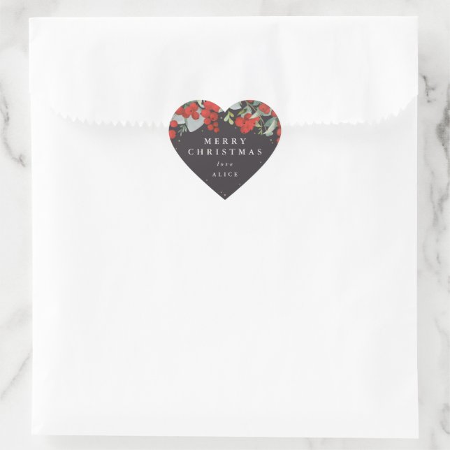 Red Berries + Eucalyptus Merry Christmas/Custom Heart Sticker (Bag)