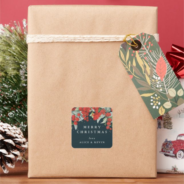 Red Berries+Eucalyptus Merry Christmas/Custom Square Sticker (Holiday)