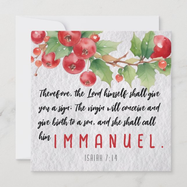 Red Berries Evergreen Pine Branches & Scripture Holiday Card (Front)