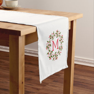 Red Berries & Evergreens Christmas Wreath On White Medium Table Runner