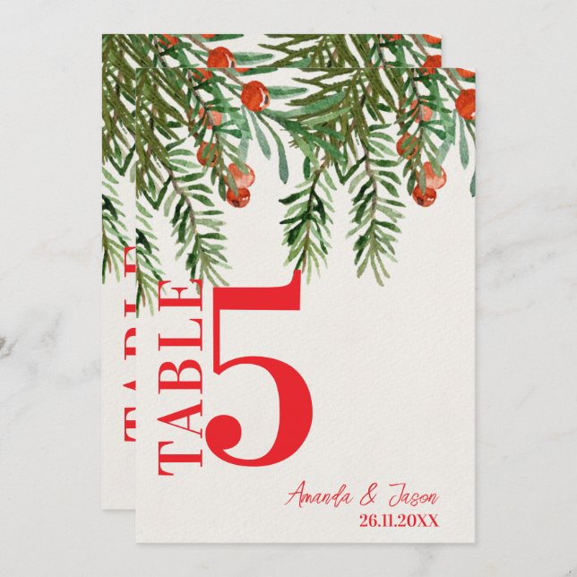 Red Berries Festive Christmas Wedding Table Number (Front/Back)