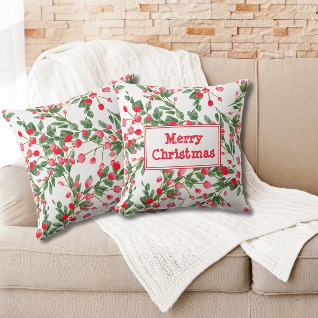 Red Berries Festive Pattern Merry Christmas Cushion (Creator Uploaded)