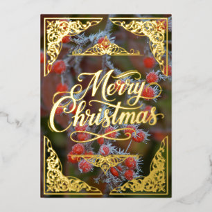 Red Berries, Gold Merry Christmas Foil Holiday Card