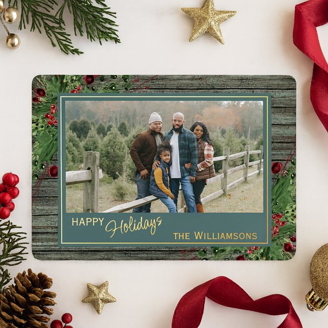 Red Berries Green Holly Botanical Foliage Gold Foil Holiday Card (Creator Uploaded)