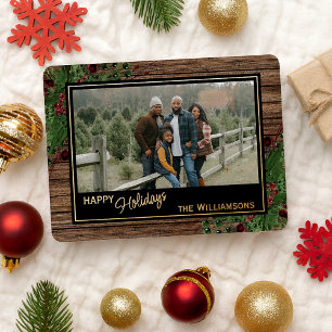 Red Berries Green Holly Botanical Foliage Gold Foil Holiday Card